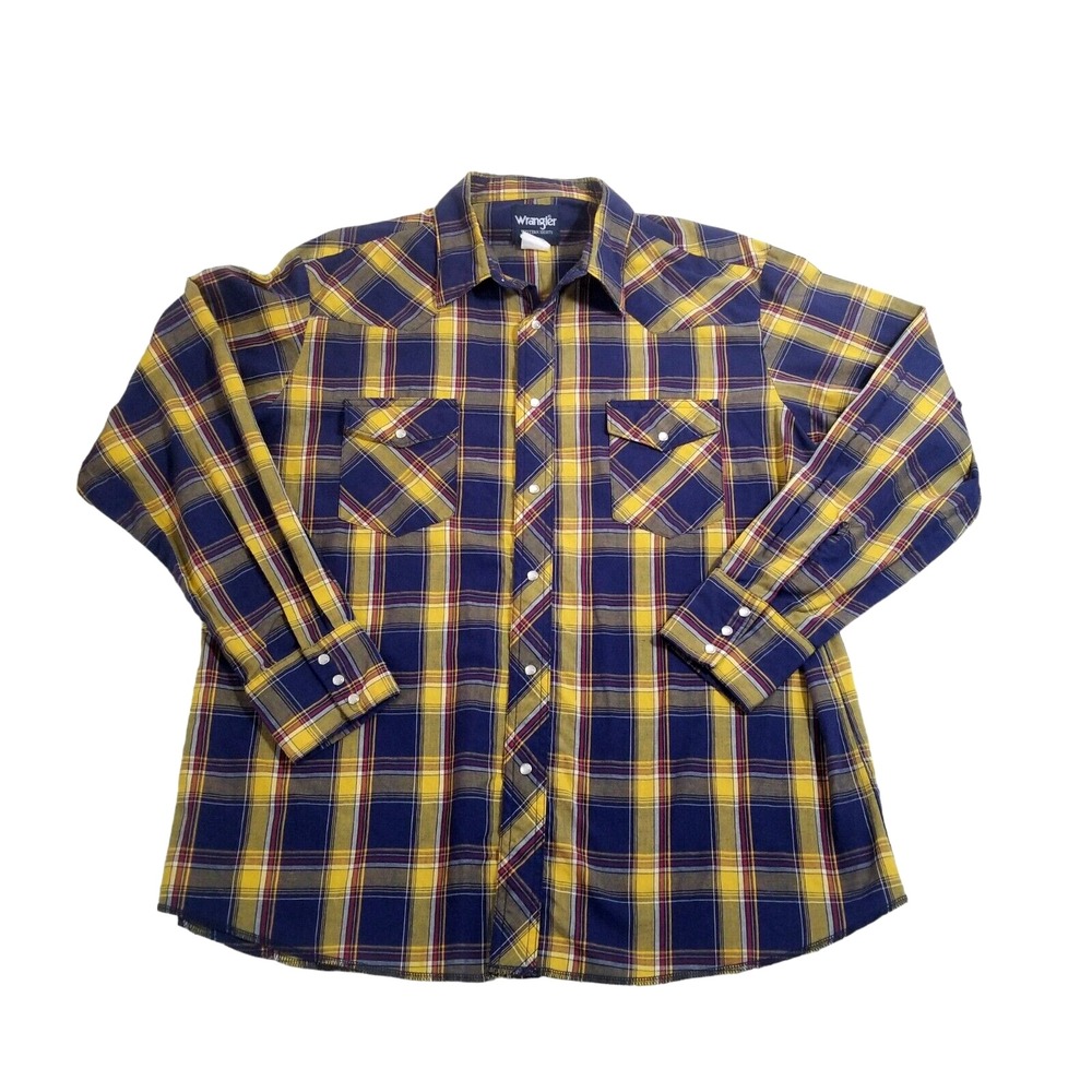 Wrangler Western Shirt Men XXL Vintage Pearl Snap Long Sleeve Blue Yellow Plaid